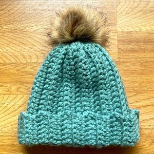 Child size 6-10 winter hat crochet blue/grey with Pom